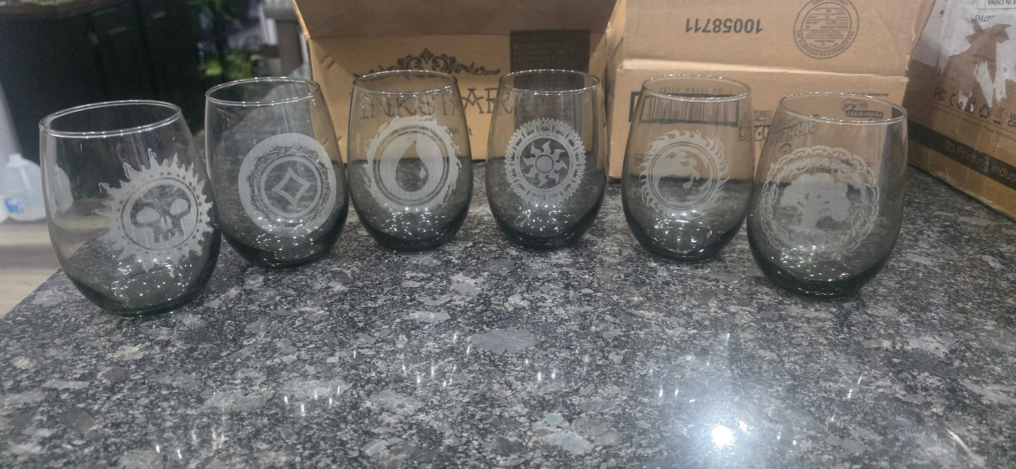 Laser engraved smoke glass stemless wine glass